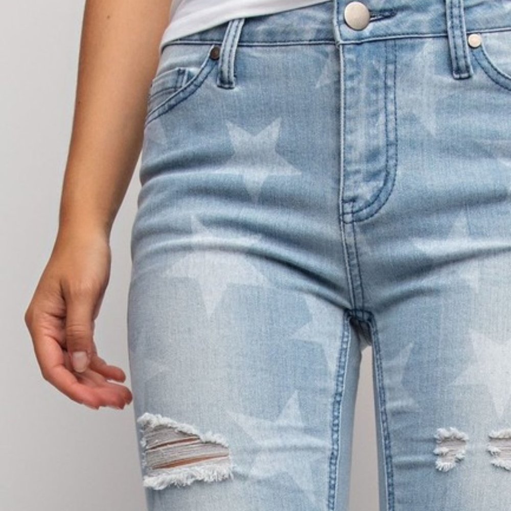 Easel Denim Distressed Stars Straight Leg Jeans Size L (8-10) - NWT